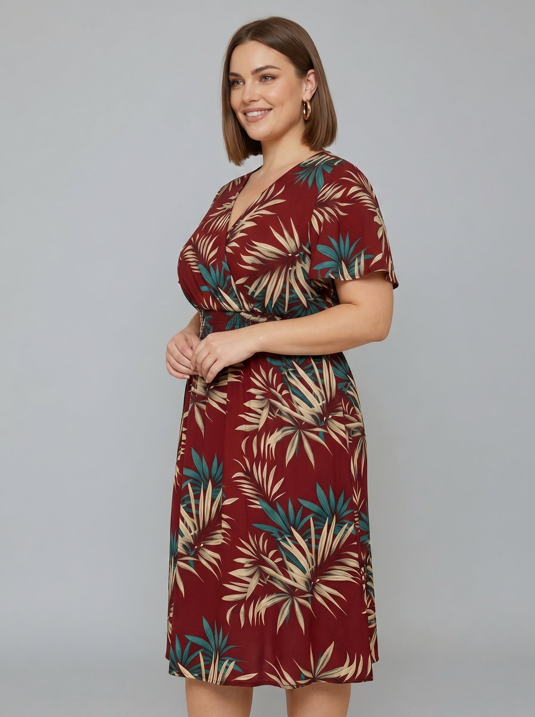 Leva | Plus Size Women Wrap Dress – V-Neck Flutter Sleeve Botanical Print, Smocked Waist
