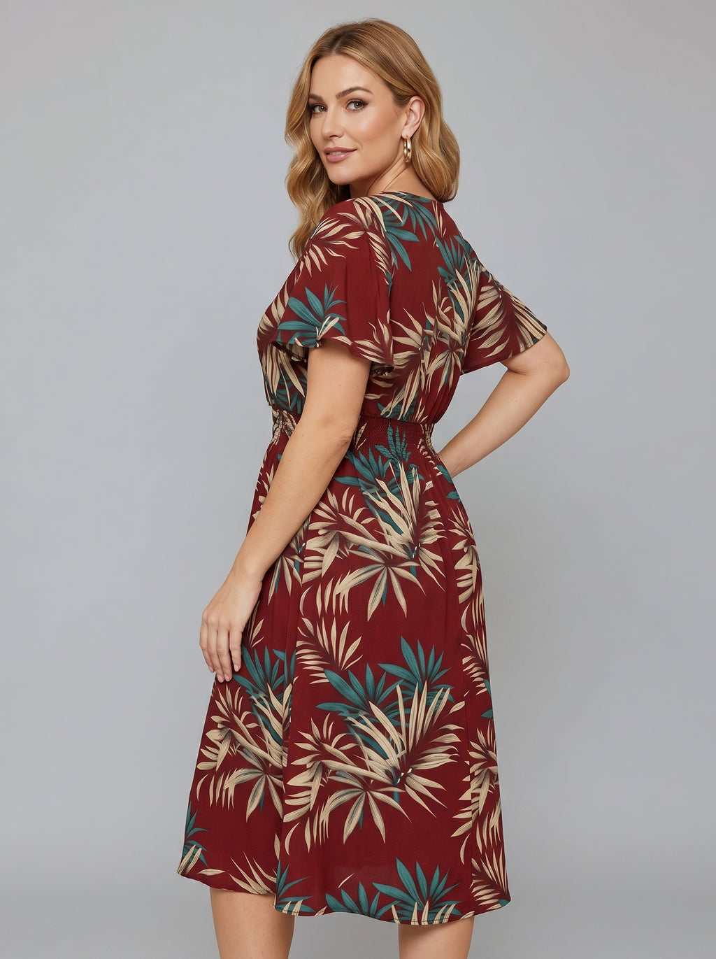 Leva | Plus Size Women Wrap Dress – V-Neck Flutter Sleeve Botanical Print, Smocked Waist