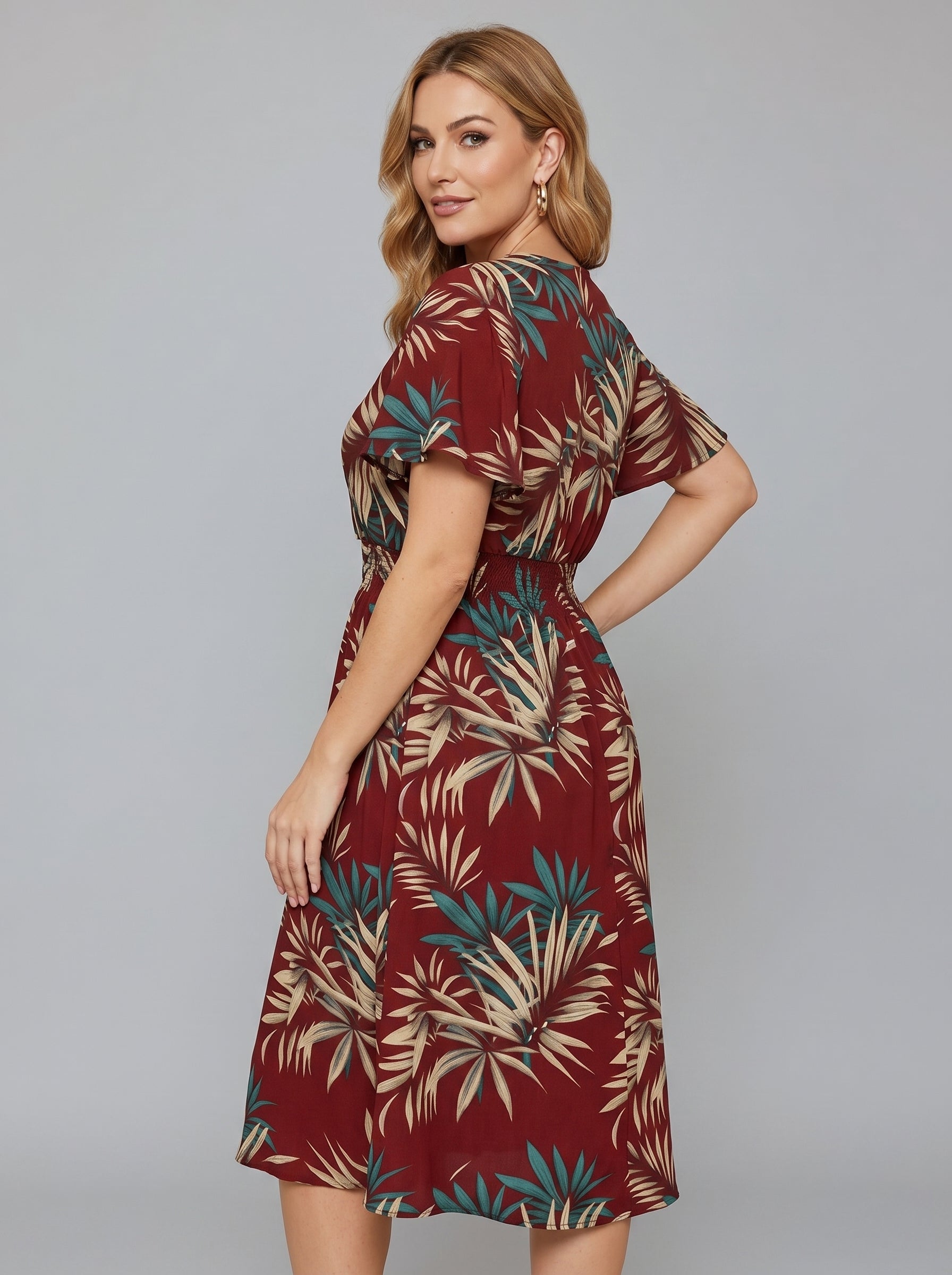 Leva | Plus Size Women Wrap Dress – V-Neck Flutter Sleeve Botanical Print, Smocked Waist