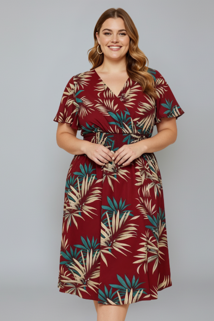 Leva | Plus Size Women Wrap Dress – V-Neck Flutter Sleeve Botanical Print, Smocked Waist
