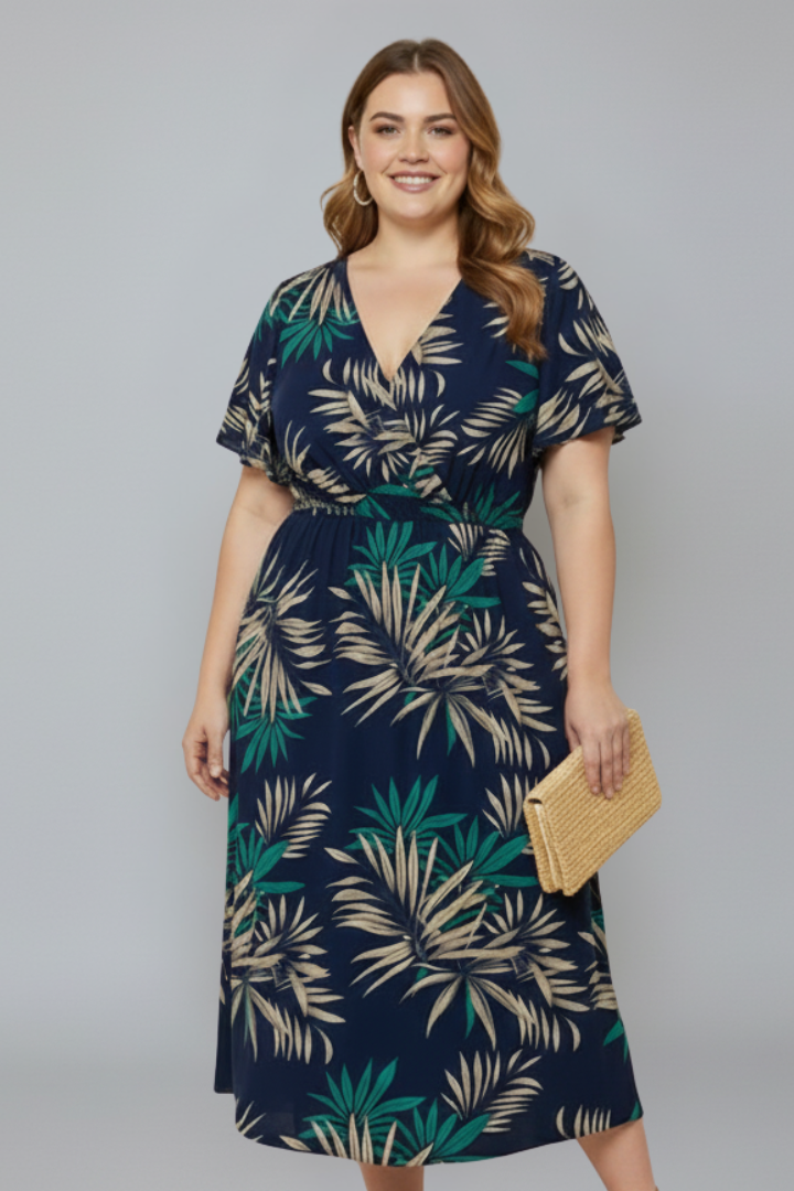 Leva | Plus Size Women Wrap Dress – V-Neck Flutter Sleeve Botanical Print, Smocked Waist
