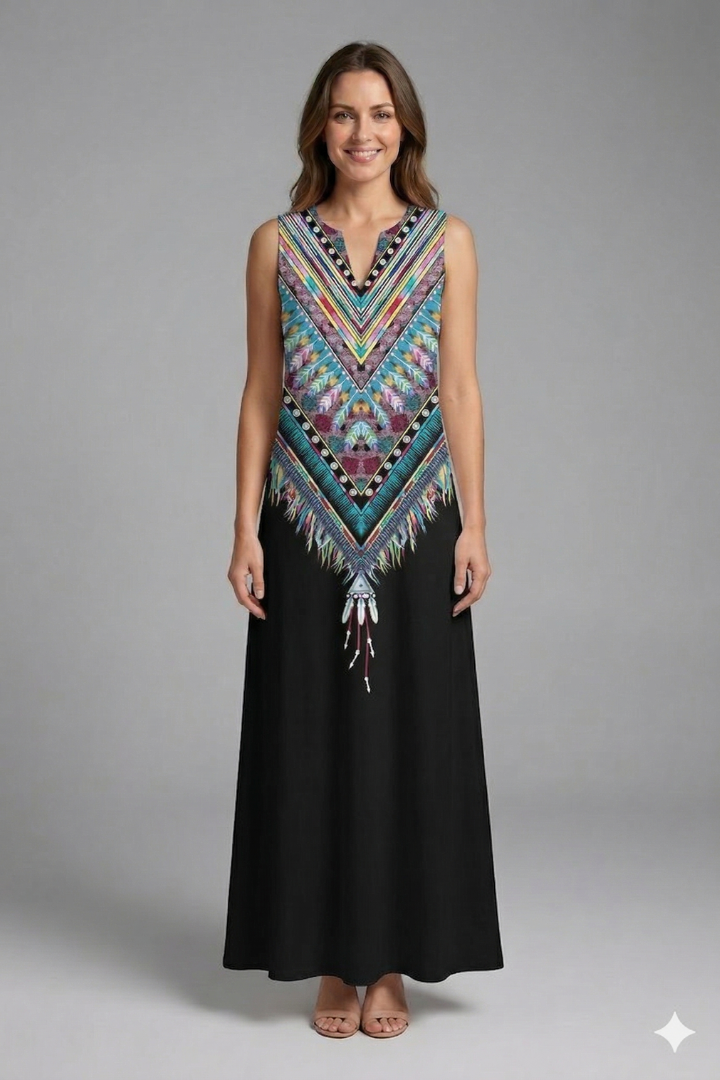 Lilith | Women's Casual Maxi Dress – Sleeveless Split Neck Butterfly Print Dress