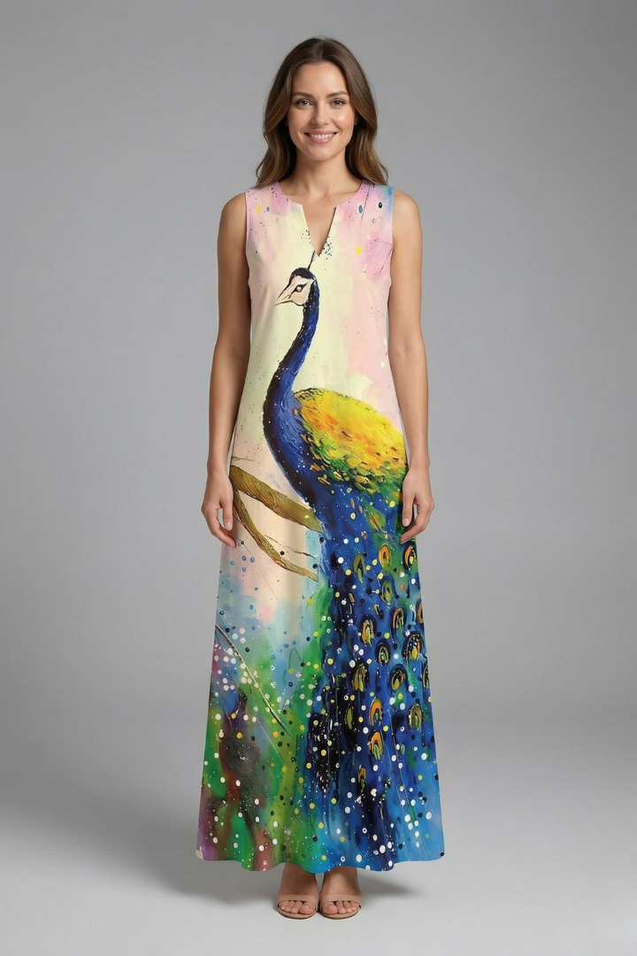 Lilith | Women's Casual Maxi Dress – Sleeveless Split Neck Butterfly Print Dress