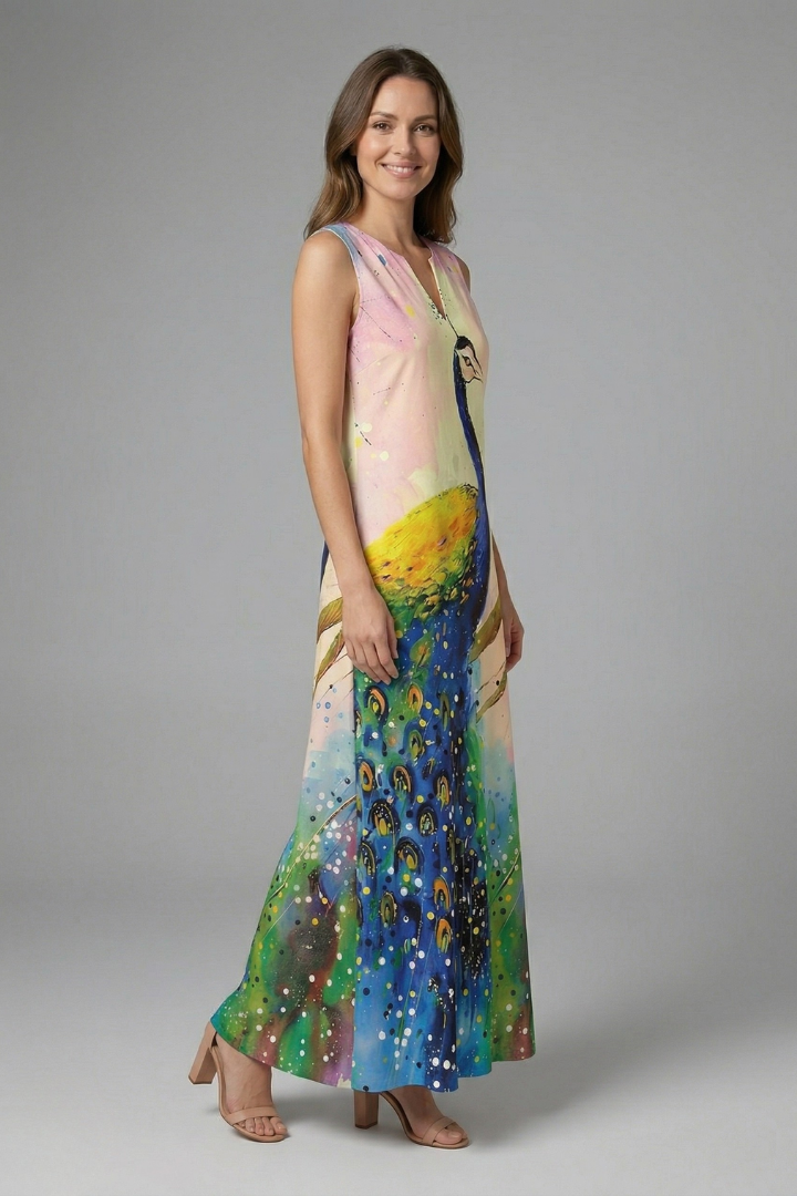 Lilith | Women's Casual Maxi Dress – Sleeveless Split Neck Butterfly Print Dress