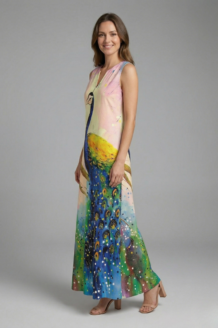 Lilith | Women's Casual Maxi Dress – Sleeveless Split Neck Butterfly Print Dress