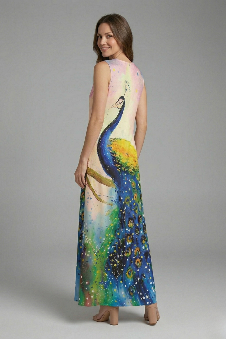 Lilith | Women's Casual Maxi Dress – Sleeveless Split Neck Butterfly Print Dress