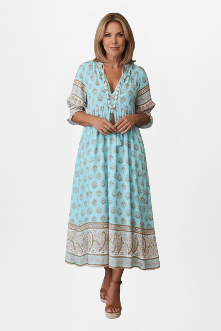 Lilly | Women's Boho Maxi Dress - Printed Long Dress with Pockets Mid Sleeve Loose Fit