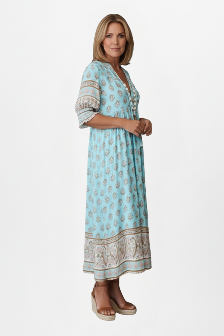 Lilly | Women's Boho Maxi Dress - Printed Long Dress with Pockets Mid Sleeve Loose Fit