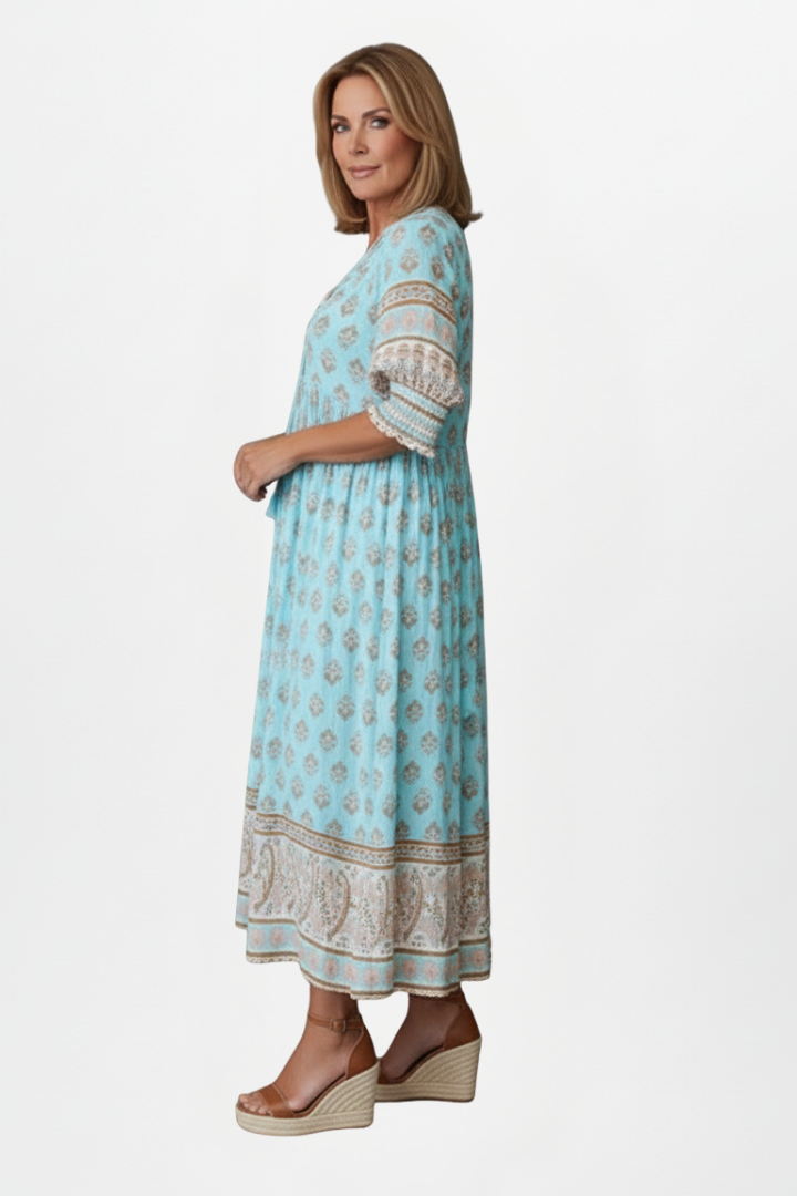 Lilly | Women's Boho Maxi Dress - Printed Long Dress with Pockets Mid Sleeve Loose Fit
