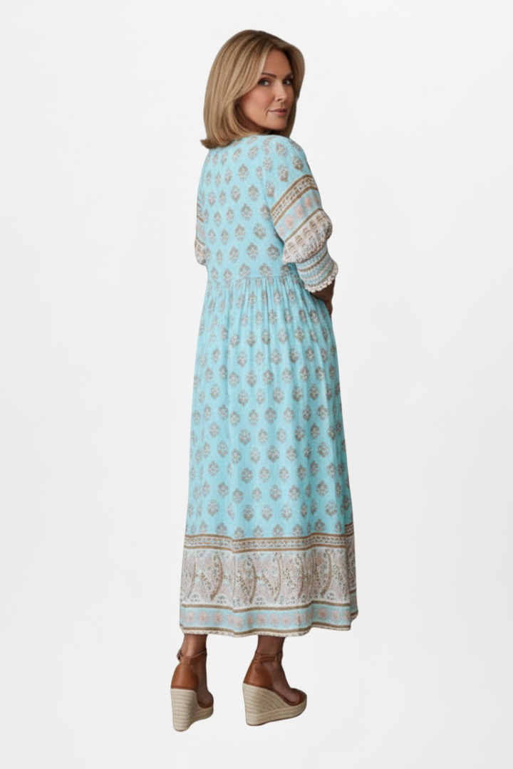 Lilly | Women's Boho Maxi Dress - Printed Long Dress with Pockets Mid Sleeve Loose Fit