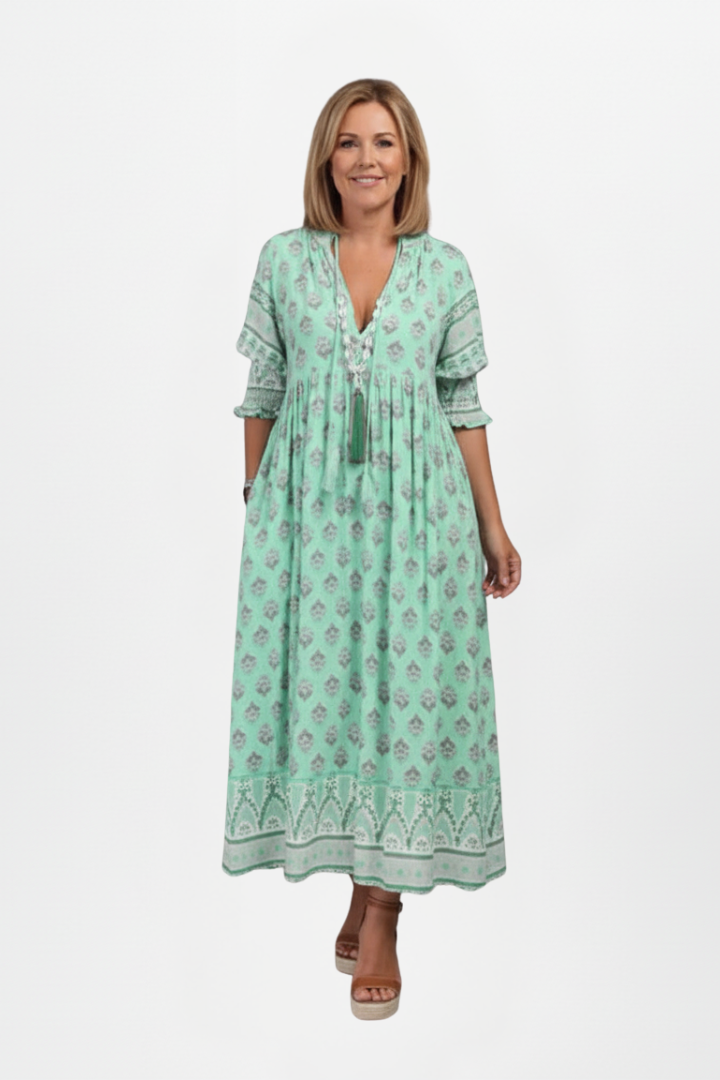 Lilly | Women's Boho Maxi Dress - Printed Long Dress with Pockets Mid Sleeve Loose Fit