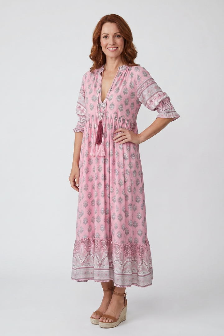 Lilly | Women's Boho Maxi Dress - Printed Long Dress with Pockets Mid Sleeve Loose Fit