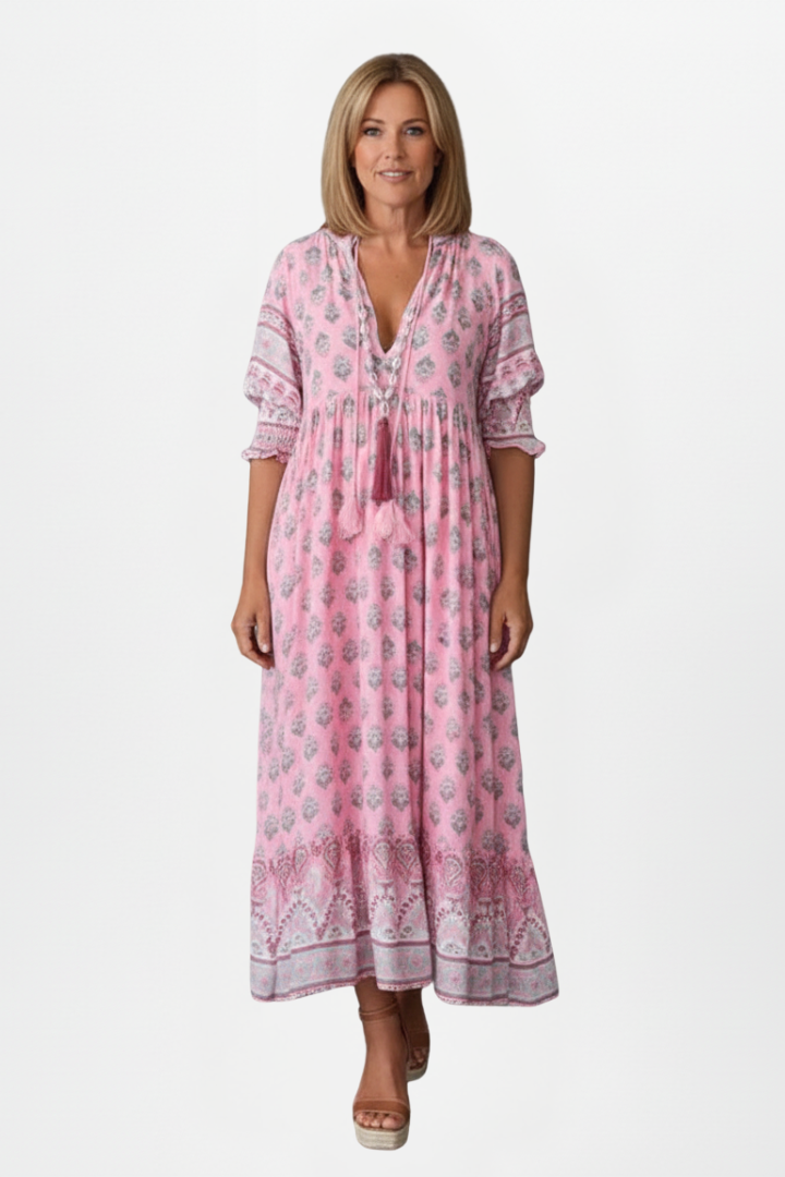 Lilly | Women's Boho Maxi Dress - Printed Long Dress with Pockets Mid Sleeve Loose Fit