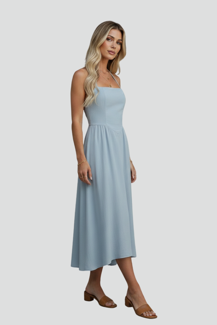 Lina | Women’s Midi Dress – Halter Strap Square Neck, Fitted Bodice, Draped Skirt