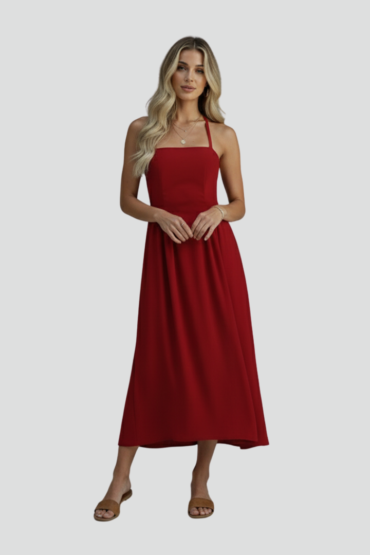 Lina | Women’s Midi Dress – Halter Strap Square Neck, Fitted Bodice, Draped Skirt