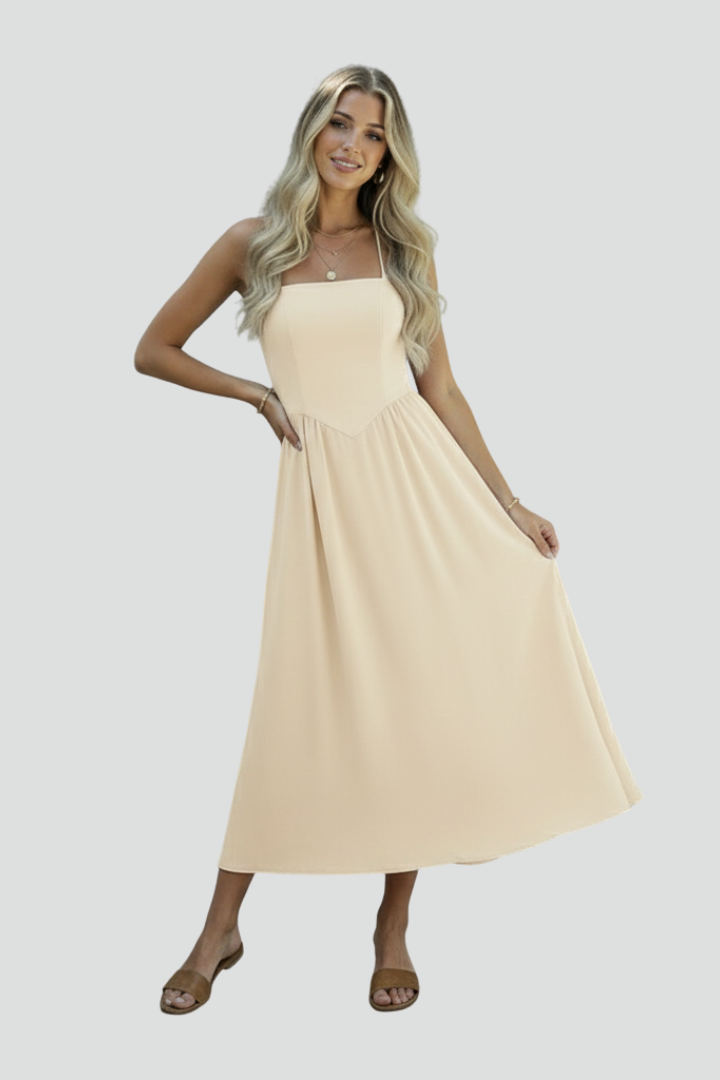 Lina | Women’s Midi Dress – Halter Strap Square Neck, Fitted Bodice, Draped Skirt