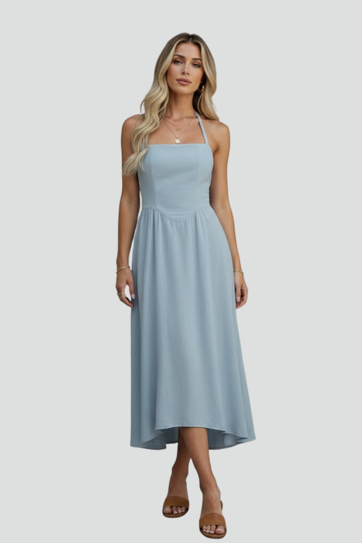 Lina | Women’s Midi Dress – Halter Strap Square Neck, Fitted Bodice, Draped Skirt