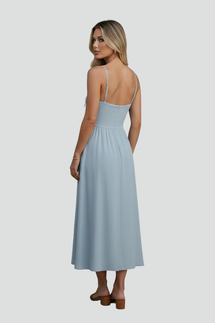 Lina | Women’s Midi Dress – Halter Strap Square Neck, Fitted Bodice, Draped Skirt