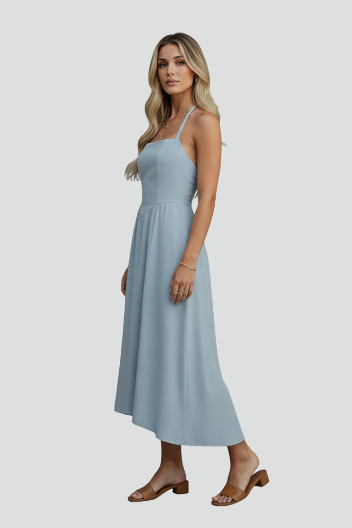 Lina | Women’s Midi Dress – Halter Strap Square Neck, Fitted Bodice, Draped Skirt