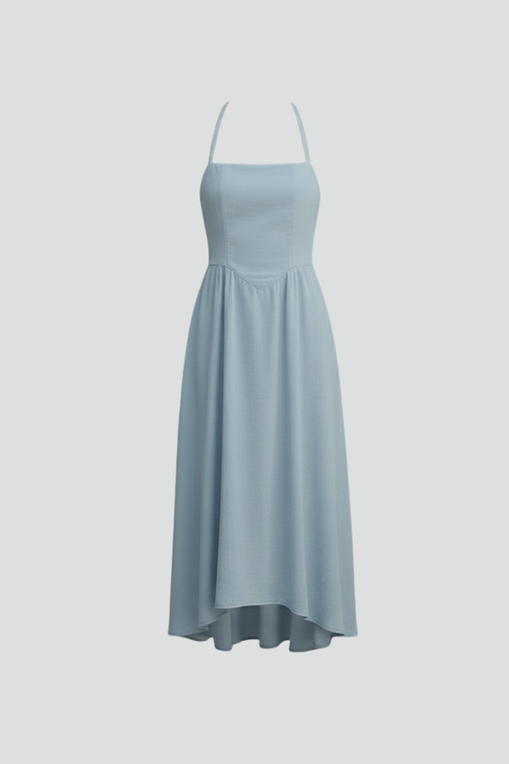 Lina | Women’s Midi Dress – Halter Strap Square Neck, Fitted Bodice, Draped Skirt