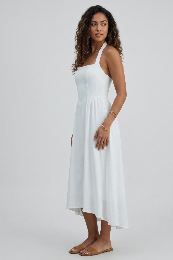 Lina | Women’s Midi Dress – Halter Strap Square Neck, Fitted Bodice, Draped Skirt