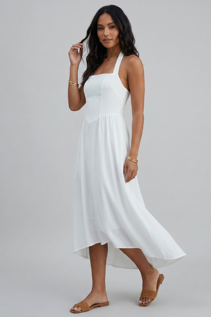 Lina | Women’s Midi Dress – Halter Strap Square Neck, Fitted Bodice, Draped Skirt