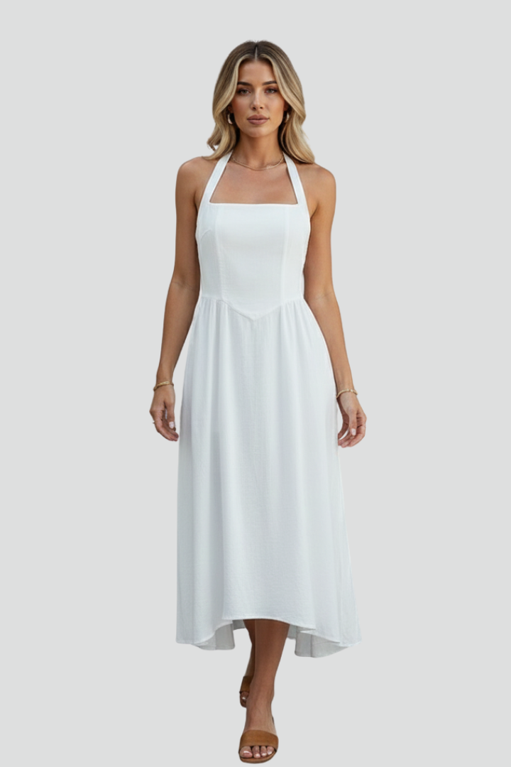 Lina | Women’s Midi Dress – Halter Strap Square Neck, Fitted Bodice, Draped Skirt