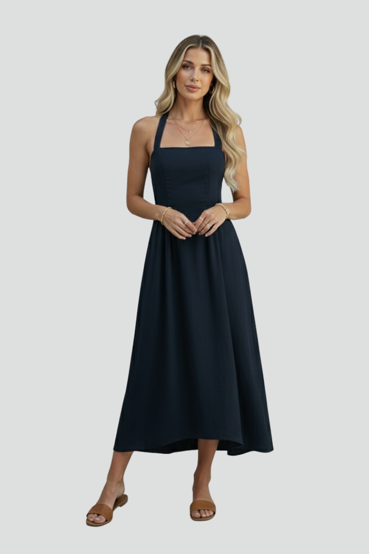 Lina | Women’s Midi Dress – Halter Strap Square Neck, Fitted Bodice, Draped Skirt