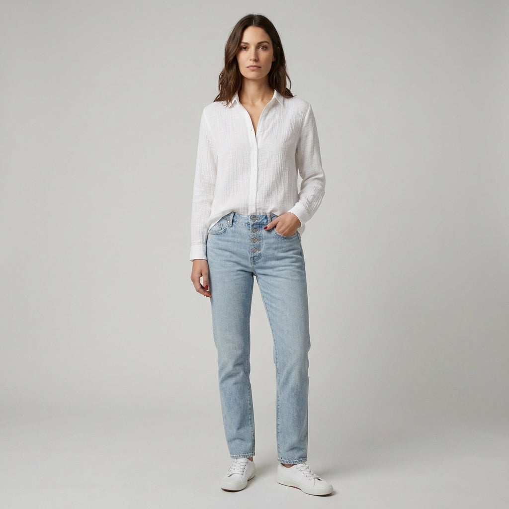 Linnea | Women's Linen Blend Top – Elegant Embroidered V-Neck Blouse