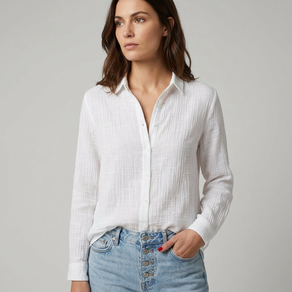 Linnea | Women's Linen Blend Top – Elegant Embroidered V-Neck Blouse