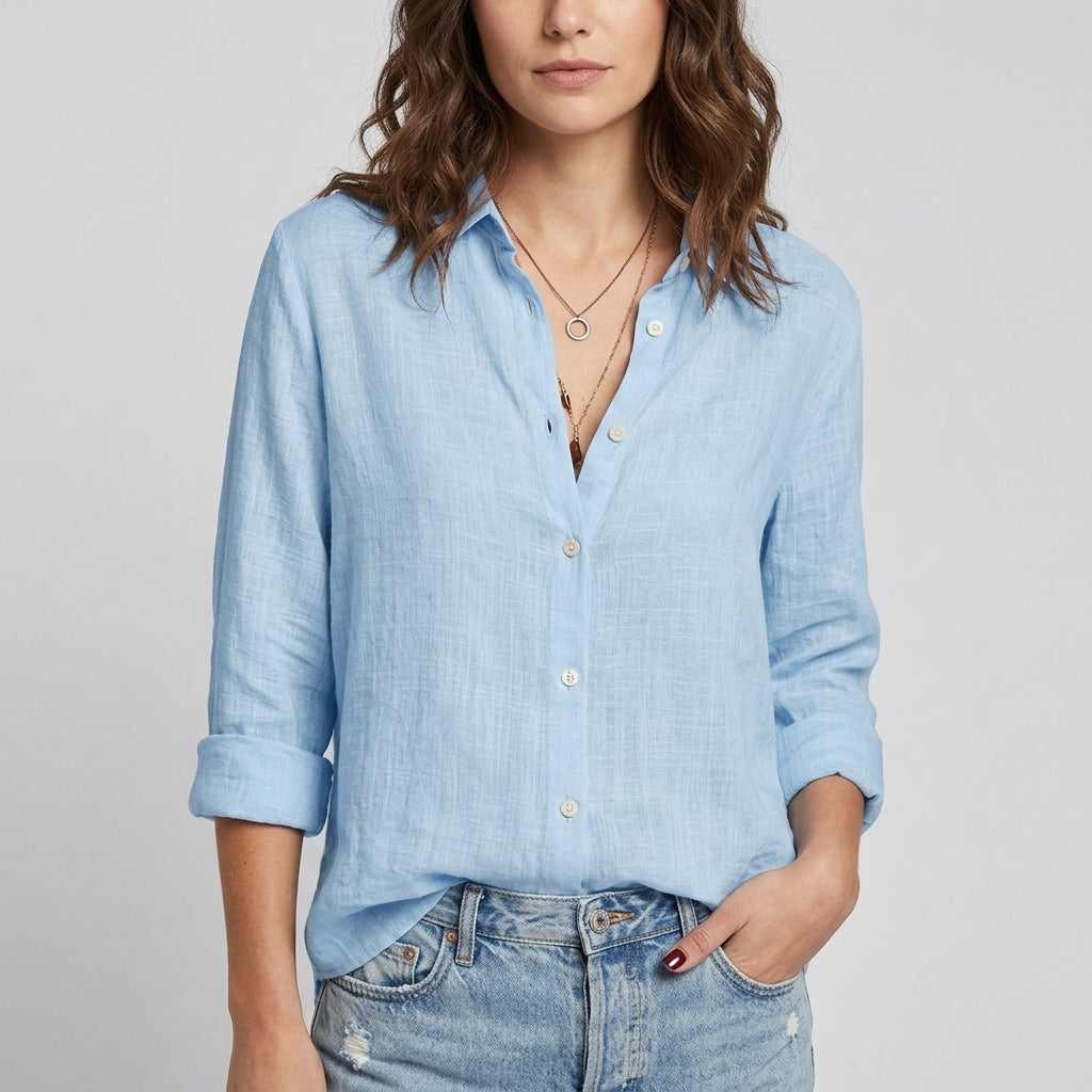 Linnea | Women's Linen Blend Top – Elegant Embroidered V-Neck Blouse