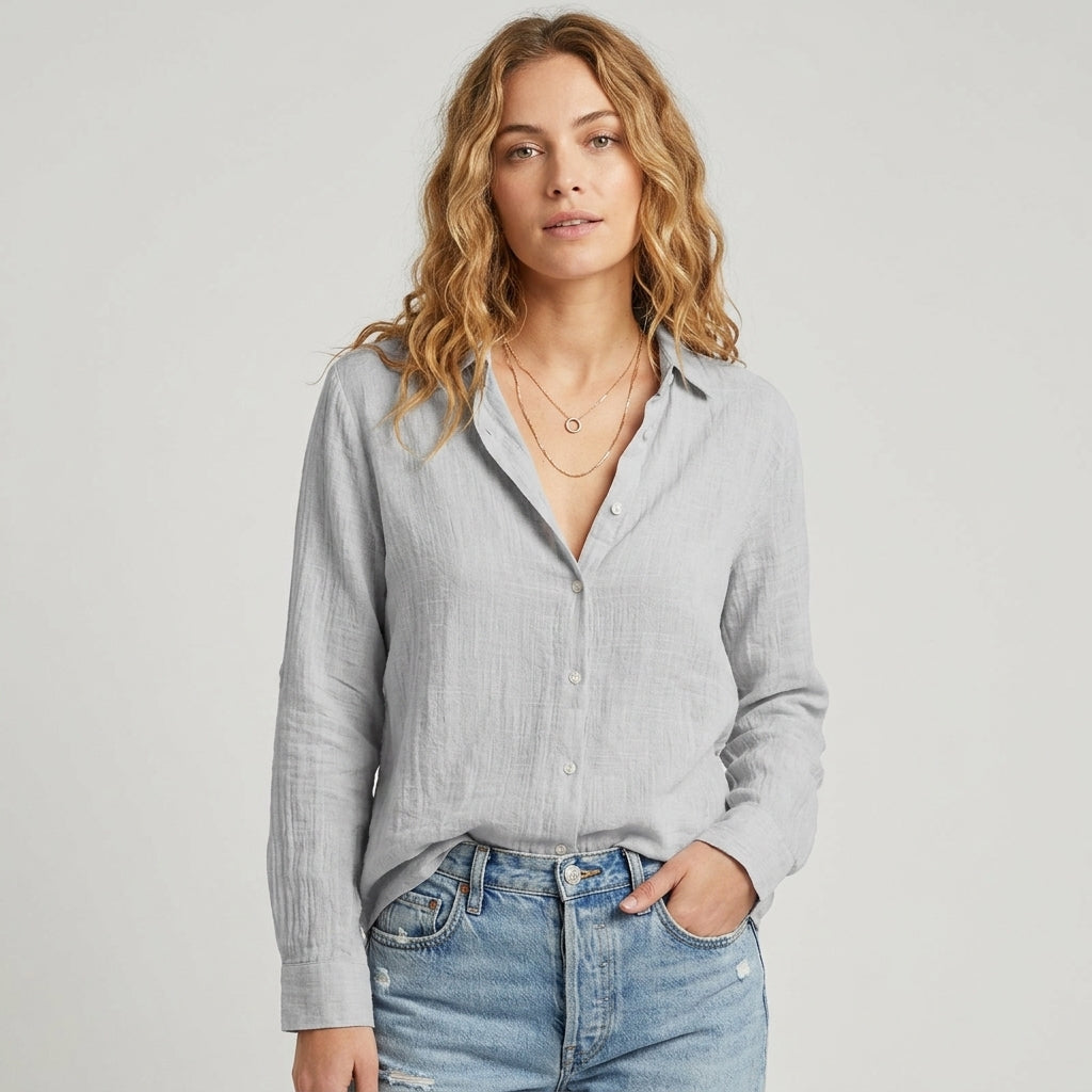 Linnea | Women's Linen Blend Top – Elegant Embroidered V-Neck Blouse