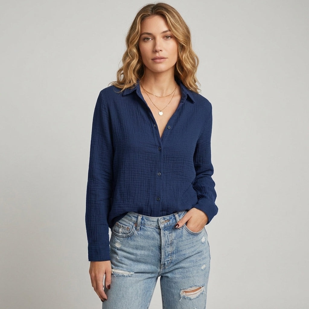 Linnea | Women's Linen Blend Top – Elegant Embroidered V-Neck Blouse