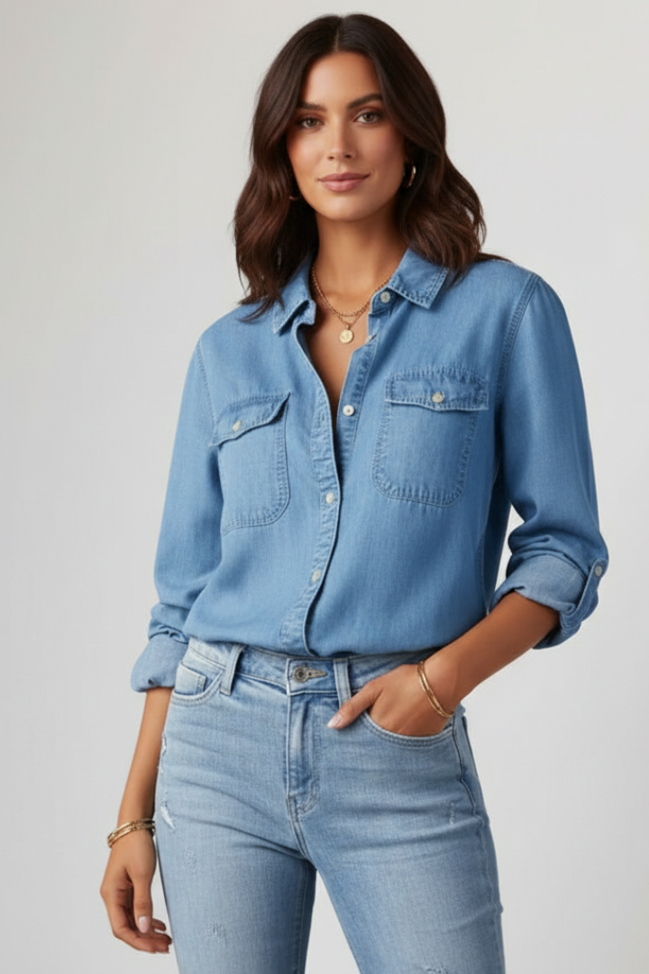 Liora | Women’s Denim Shirt – Button-Down Long Sleeve Jean Shirt with Chest Pockets