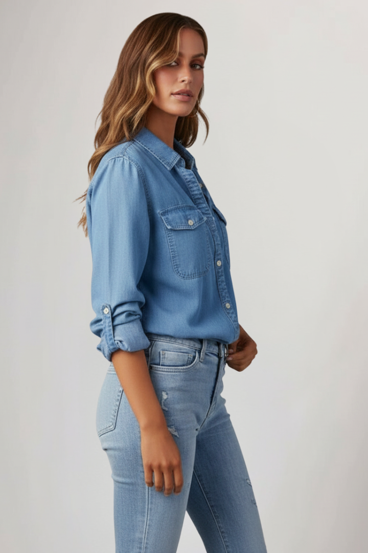 Liora | Women’s Denim Shirt – Button-Down Long Sleeve Jean Shirt with Chest Pockets