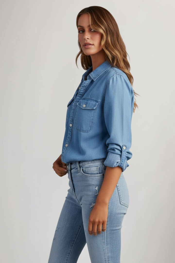 Liora | Women’s Denim Shirt – Button-Down Long Sleeve Jean Shirt with Chest Pockets