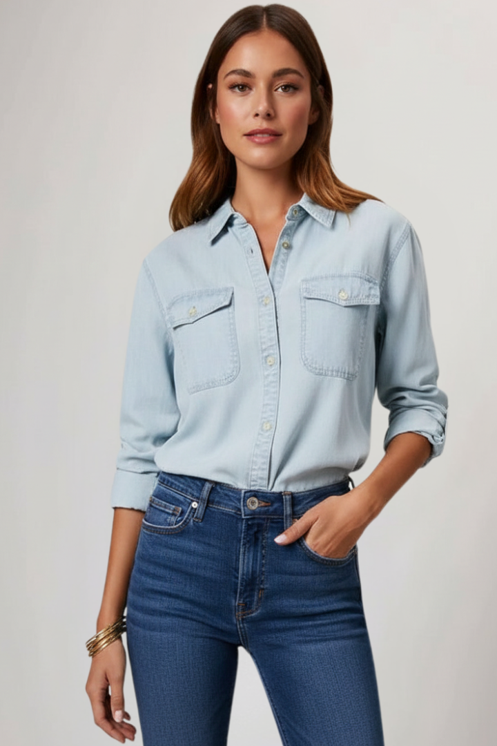 Liora | Women’s Denim Shirt – Button-Down Long Sleeve Jean Shirt with Chest Pockets