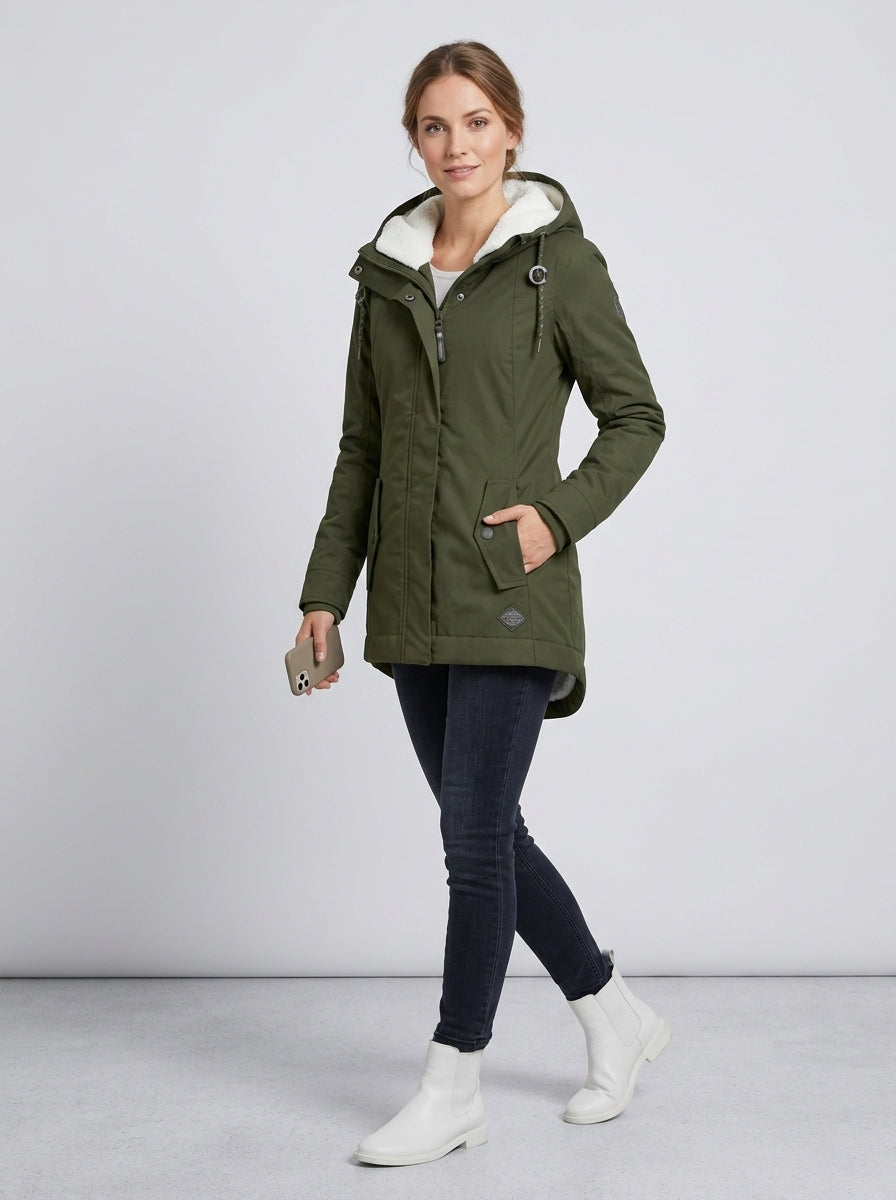 Liorah | Women’s Long Hooded Coat with Full-Zip Front, Snap-Button Closure