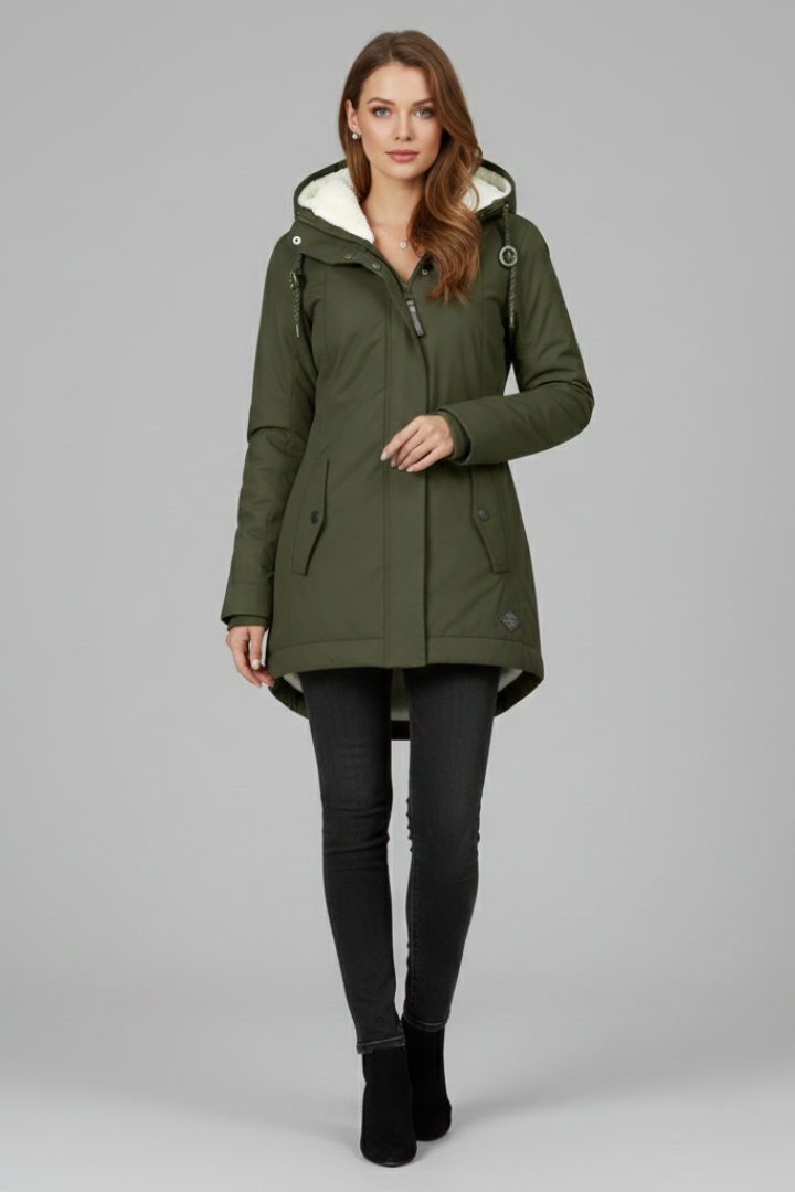 Liorah | Women’s Long Hooded Coat with Full-Zip Front, Snap-Button Closure