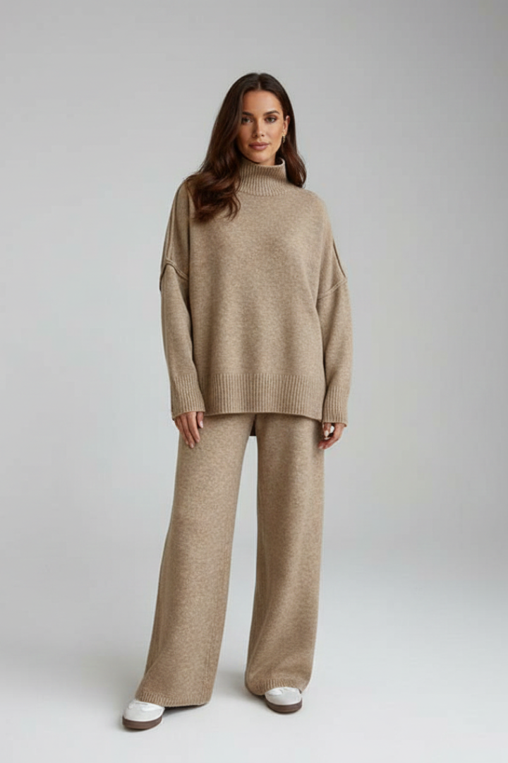 Liorielle | Women’s Knitted Lounge Set – Oversized Polo Neck Jumper & Wide-Leg Trousers