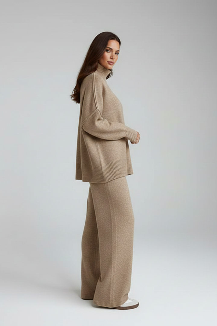 Liorielle | Women’s Knitted Lounge Set – Oversized Polo Neck Jumper & Wide-Leg Trousers