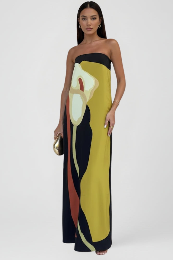 Lira | Women’s Strapless Printed Maxi Dress – Floor-Length Floral Abstract Summer Dress, Elegant Fit