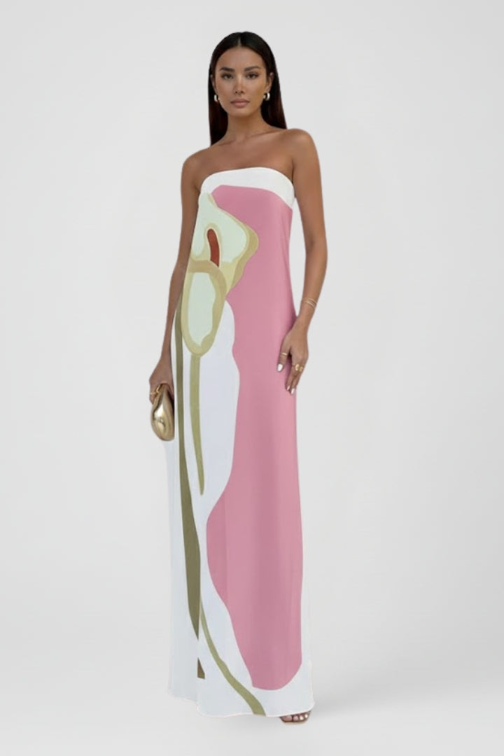 Lira | Women’s Strapless Printed Maxi Dress – Floor-Length Floral Abstract Summer Dress, Elegant Fit