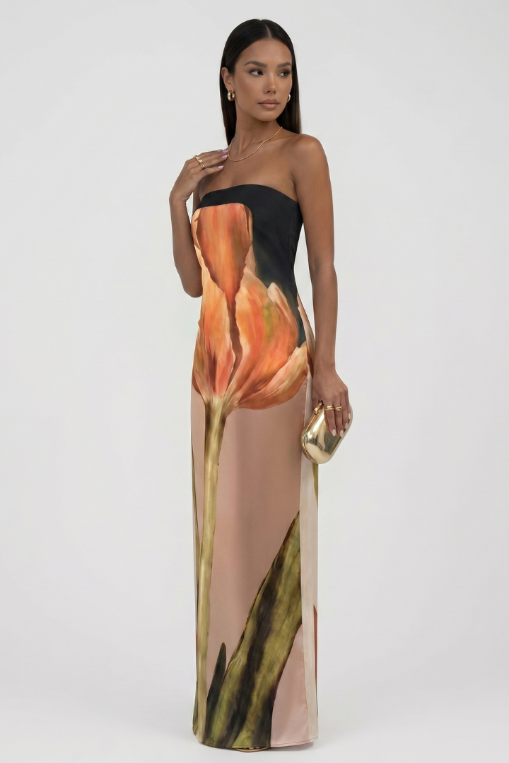 Lira | Women’s Strapless Printed Maxi Dress – Floor-Length Floral Abstract Summer Dress, Elegant Fit