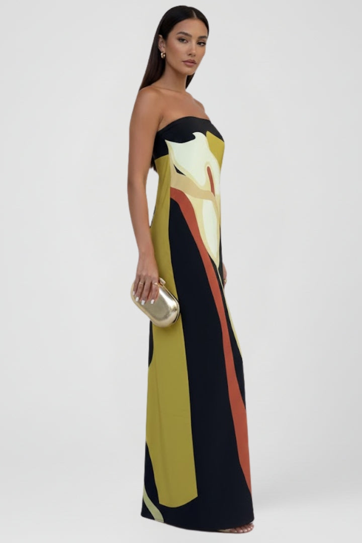 Lira | Women’s Strapless Printed Maxi Dress – Floor-Length Floral Abstract Summer Dress, Elegant Fit