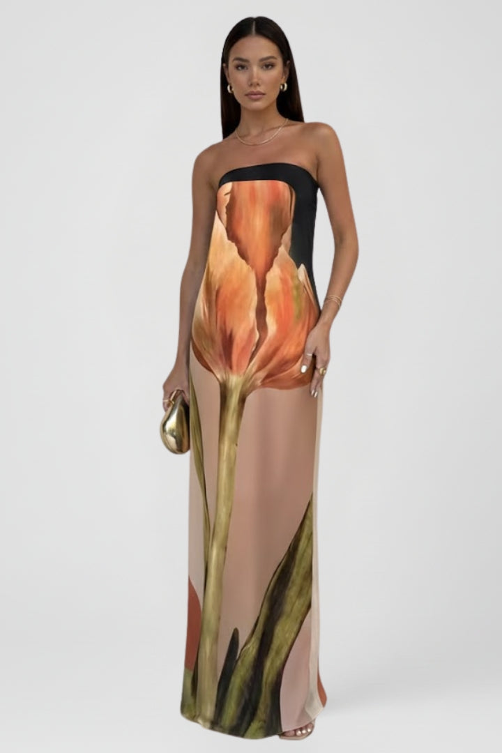 Lira | Women’s Strapless Printed Maxi Dress – Floor-Length Floral Abstract Summer Dress, Elegant Fit
