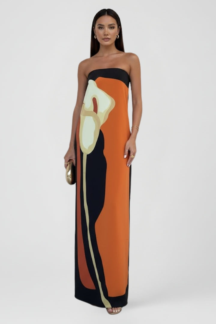 Lira | Women’s Strapless Printed Maxi Dress – Floor-Length Floral Abstract Summer Dress, Elegant Fit