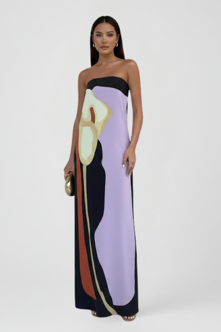 Lira | Women’s Strapless Printed Maxi Dress – Floor-Length Floral Abstract Summer Dress, Elegant Fit