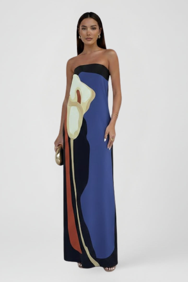 Lira | Women’s Strapless Printed Maxi Dress – Floor-Length Floral Abstract Summer Dress, Elegant Fit