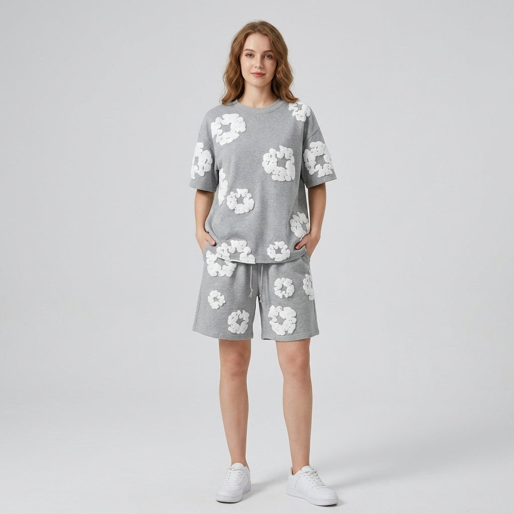 Liviana | Women's Casual Cotton Short Set – 3D Floral Matching Top & Shorts